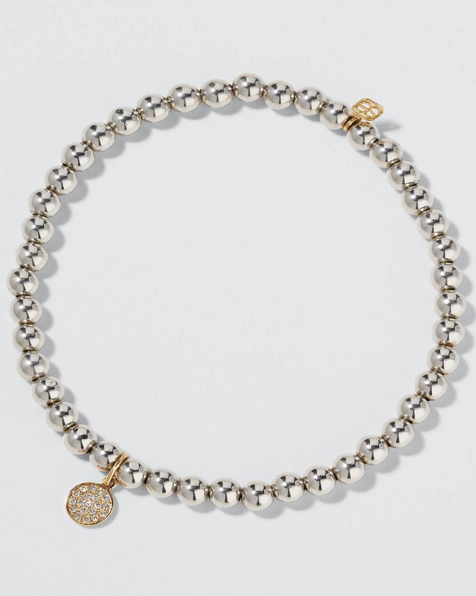 14k White Gold Bead Bracelet with Diamond Disc